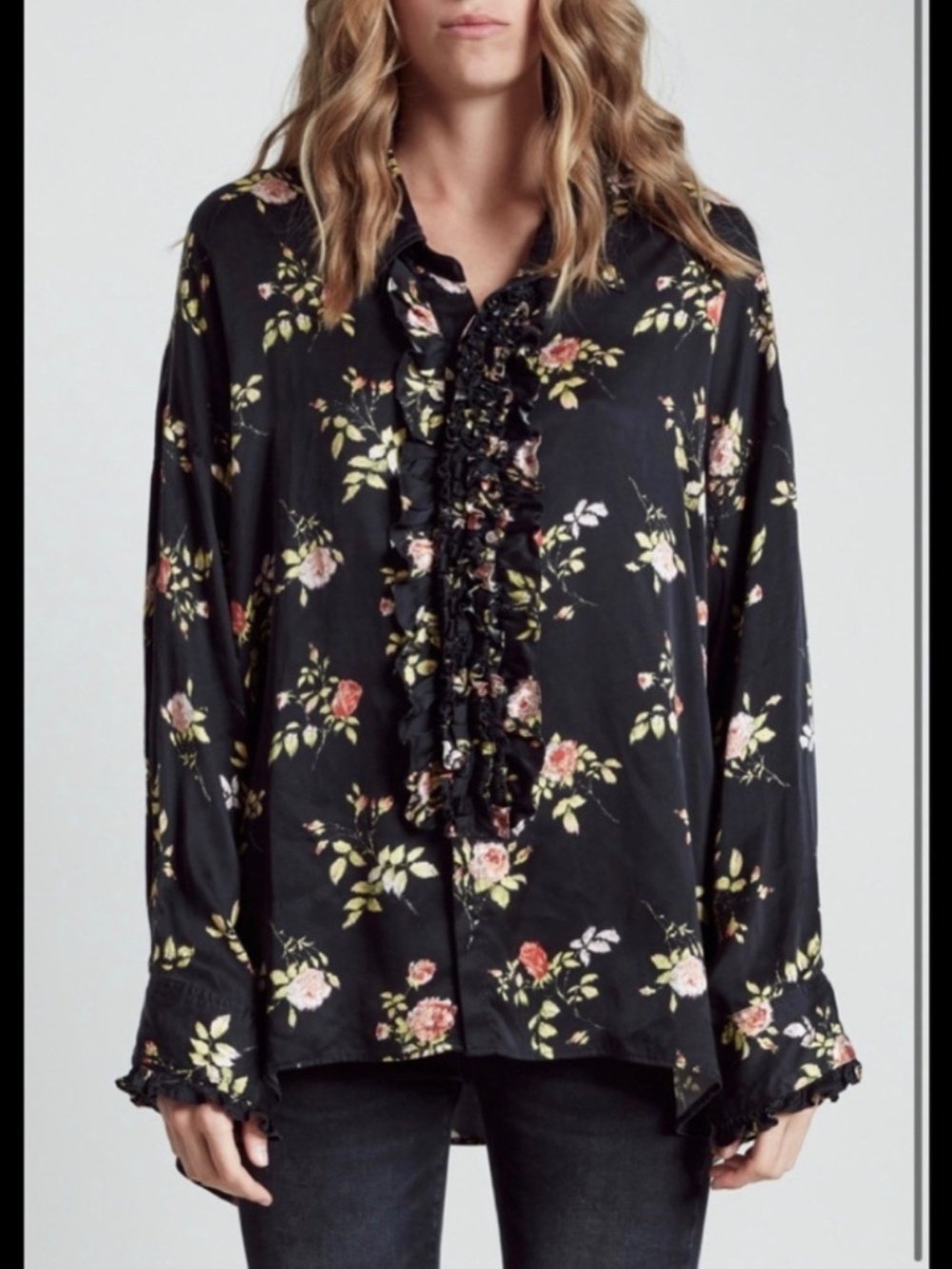 R13 Drop Neck Silk Floral Tuxedo Shirt Black Size S